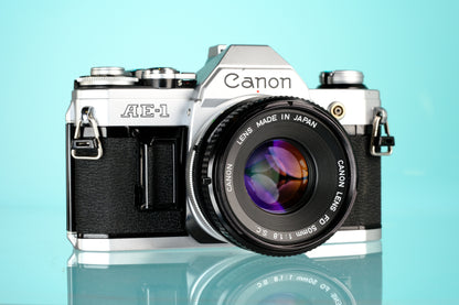 Canon AE-1 35mm SLR Film Camera + 50mm f/1.8 FD Lens