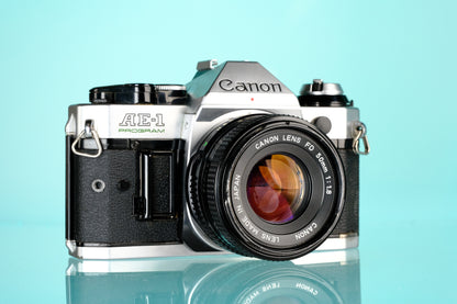 Canon AE-1 Program 35mm SLR Film Camera + Canon 50mm f/1.8 FD Lens
