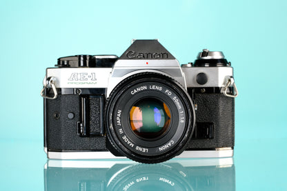 Canon AE-1 Program 35mm SLR Film Camera + Canon 50mm f/1.8 FD Lens