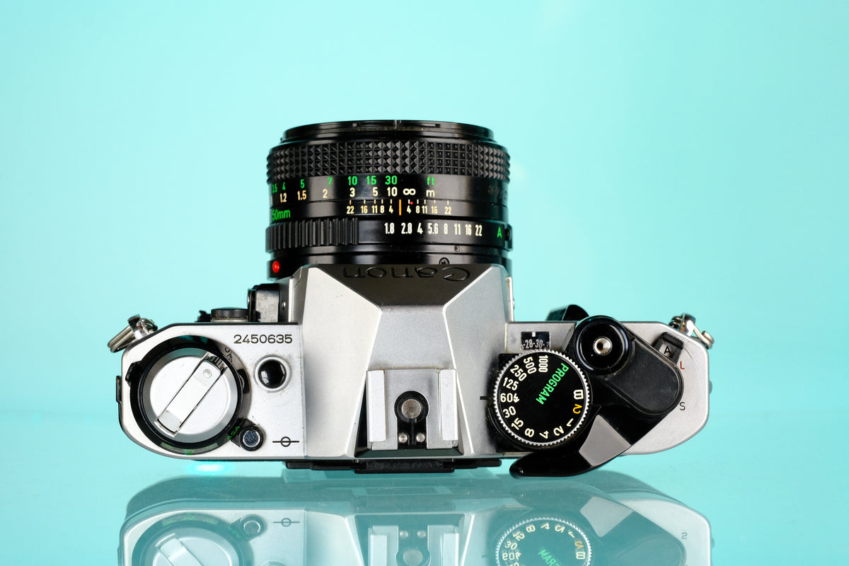Canon AE-1 Program 35mm SLR Film Camera + Canon 50mm f/1.8 FD Lens