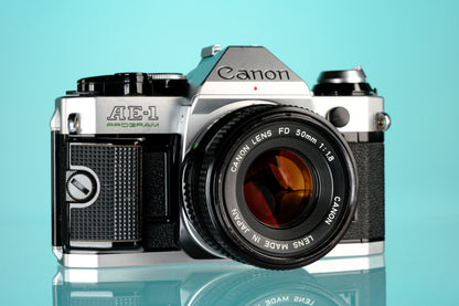 Canon AE-1 Program 35mm SLR Film Camera + 50mm f/1.8 Lens