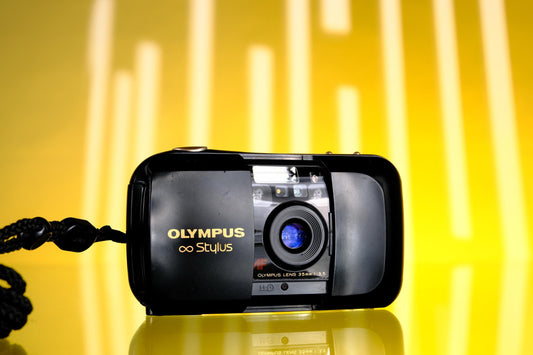 Olympus MJU 35mm Point and Shoot Film Camera Black and Gold