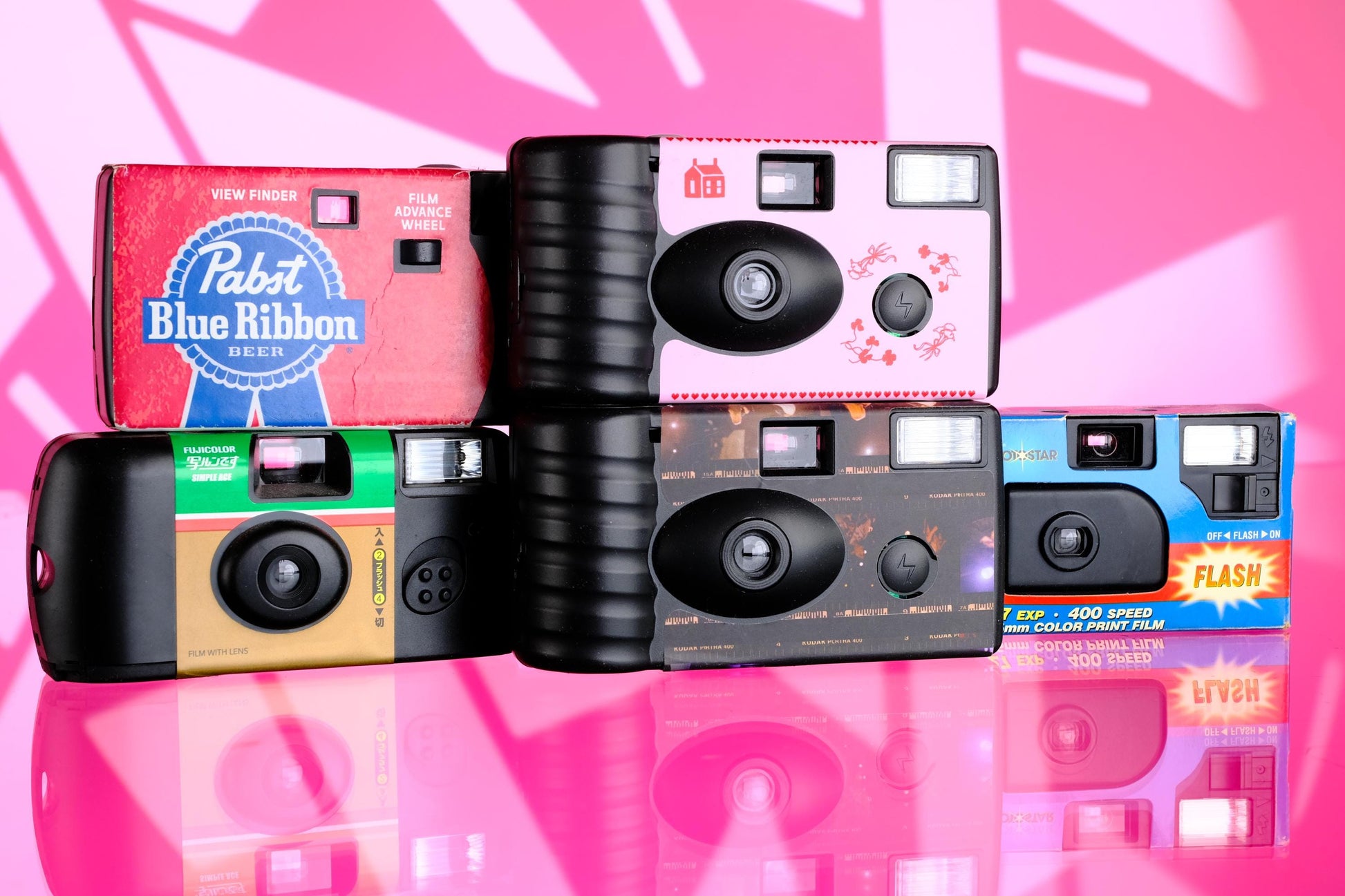Collection of Disposable Film Cameras for Display - Pabst, Photostar, Fangirl, Fujifilm
