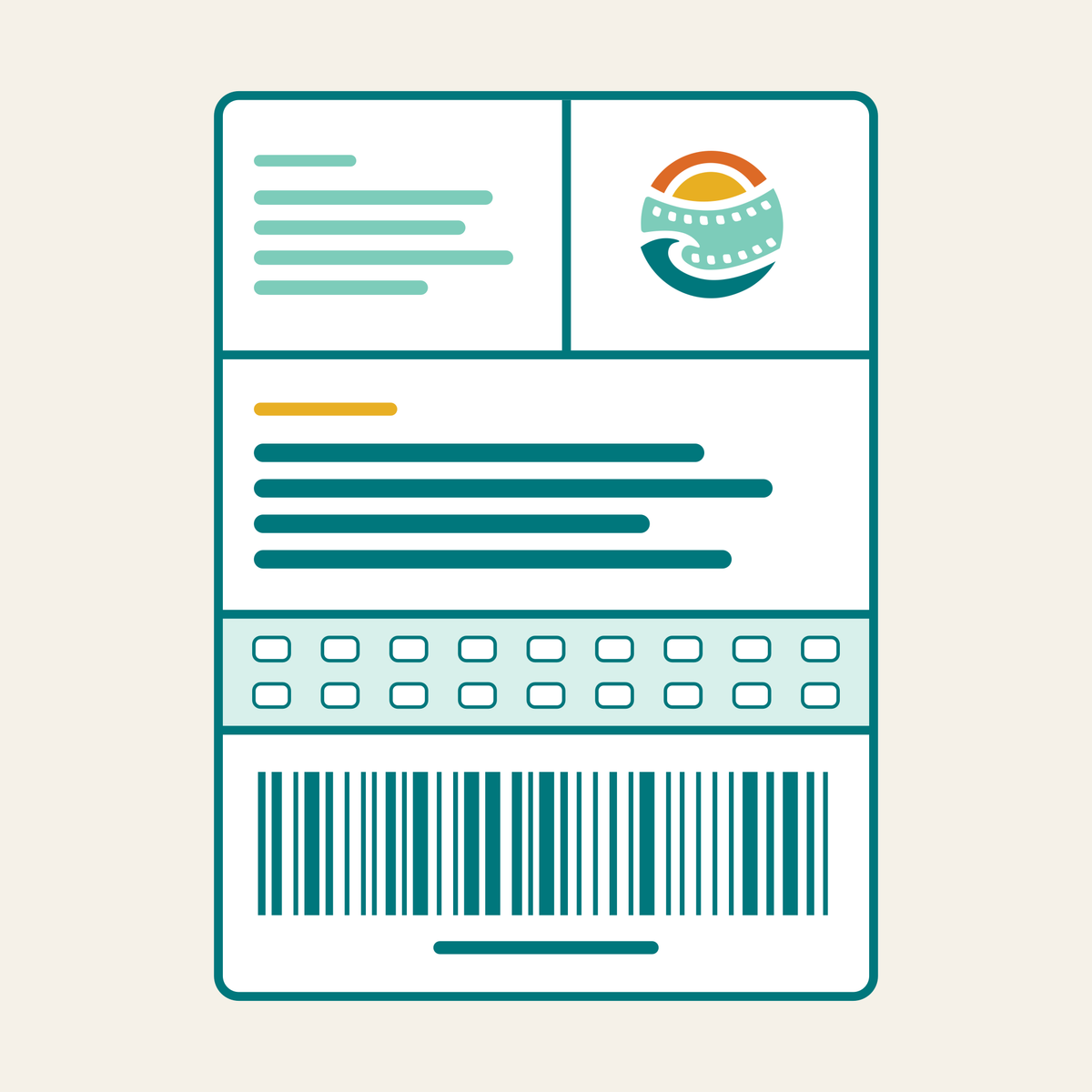 Illustration of a prepaid Coastal Film Lab shipping label showing address blocks, the Coastal Film Lab film-reel logo, a film sprocket band, and a barcode.